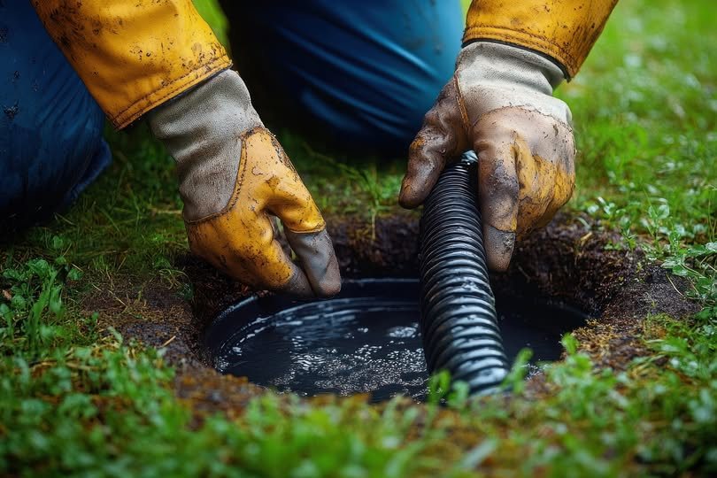 Septic pumping hose inserted into tank access